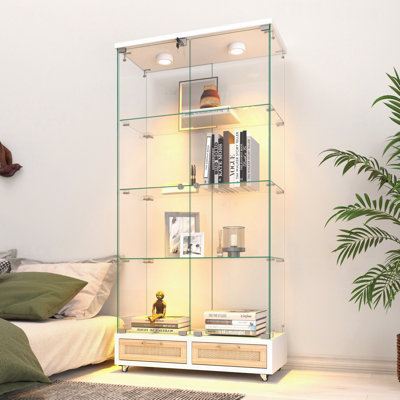 Armoire de rangement vitrée moderne à 2 portes avec grands tiroirs, armoire antique à assemblage rapide avec lumières à DEL, bibliothèque en verre Empered, étui de rangement avec 4 tablettes