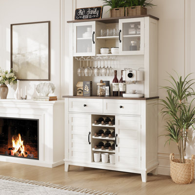 Grand garde-manger de 72 po avec huche et support à micro-ondes - grande unité de rangement blanche avec 2 tiroirs, comptoir en bois rétro et tablettes réglables pour la salle à manger, la maison et le salon