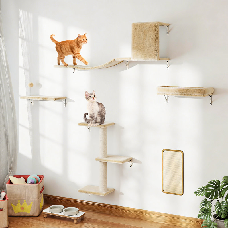 5-piece Wall Mounted Cat Furniture With Cat Tree & Scratching Post(Beige), Beige