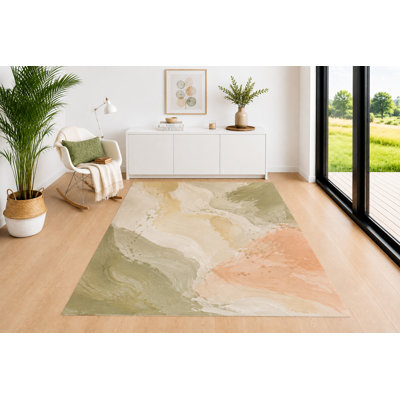 "Ultra Lightweight" 5'x7' Fluid Art Area Rug, Sage Green Peach Beige and Cream Painterly Composition, Soft Low Pile Carpet for Living Room Office Bedroom Decor