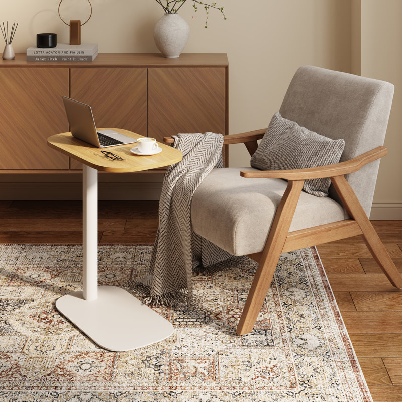 Adjustable Overbed Bedside Table Pneumatic Adjustable Height Laptop Computer with Tray, Natural/White