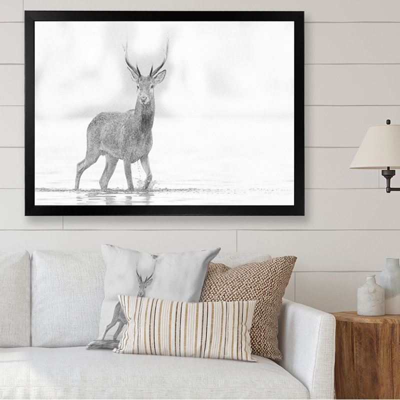 Croquis de cerf noir et blanc - œuvre d'art traditionnelle sur toile, H 36 po x l 24 po x P 1 po, Cadre noir