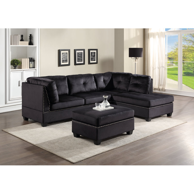 Robinne Upholstered L-Shaped Sectional Right Hand Facing, Black Velvet