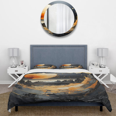 Black And Orange Marble Moon III - Moose Landscape Mountains Duvet Cover Set