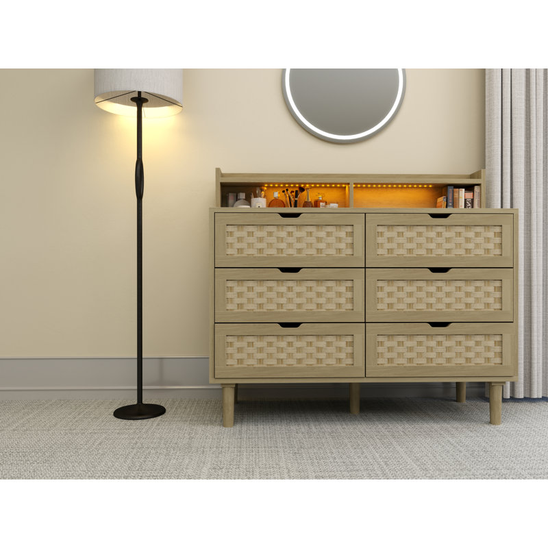 43.31'' Wide Modern 6-Drawer Dresser With Rattan Pattern Panels, LED Light Strip & Power Outlet