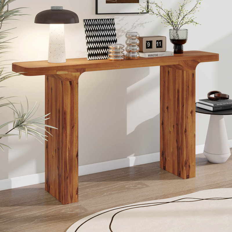 Table d'entrée en placage d'acacia de 60 po avec pieds de longueur plancher, table de canapé d'entrée minimaliste, console avec pieds carrés robustes