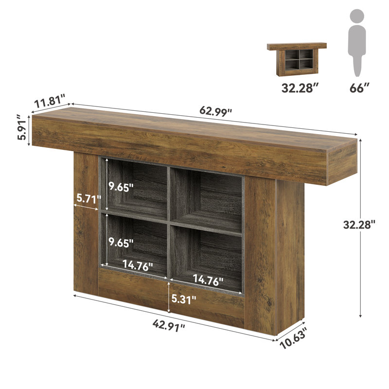63" Long Console Table, Rustic Entryway Table With 4 Storage Cubes