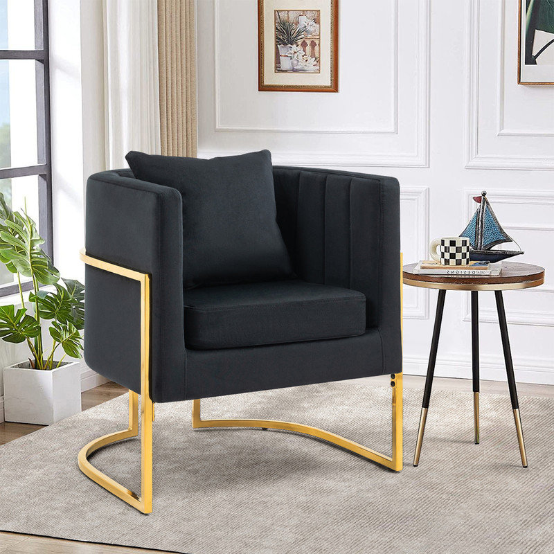 Velvet Modern Barrel Accent Chair with Pillow, Black