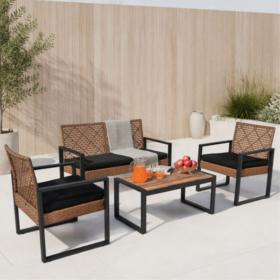 Ensemble de meubles de patio, 4 pièces avec plateau en bois d'acacia, noir moderne et brun clair, pour balcon et jardin
