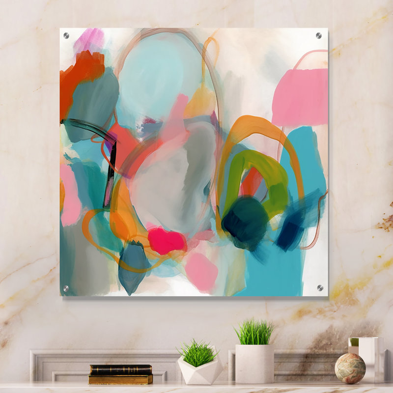 Rose, bleu, minimalisme, fludité, art abstrait moderne, H 16 po x l 16 po