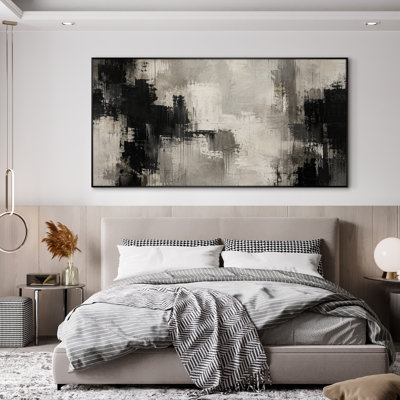 Très grand art mural imprimé sur tissu - Gris verdâtre et noir, composition abstraite, composition de salon moderne - «Assemblage requis du cadre (cadre non fini)»