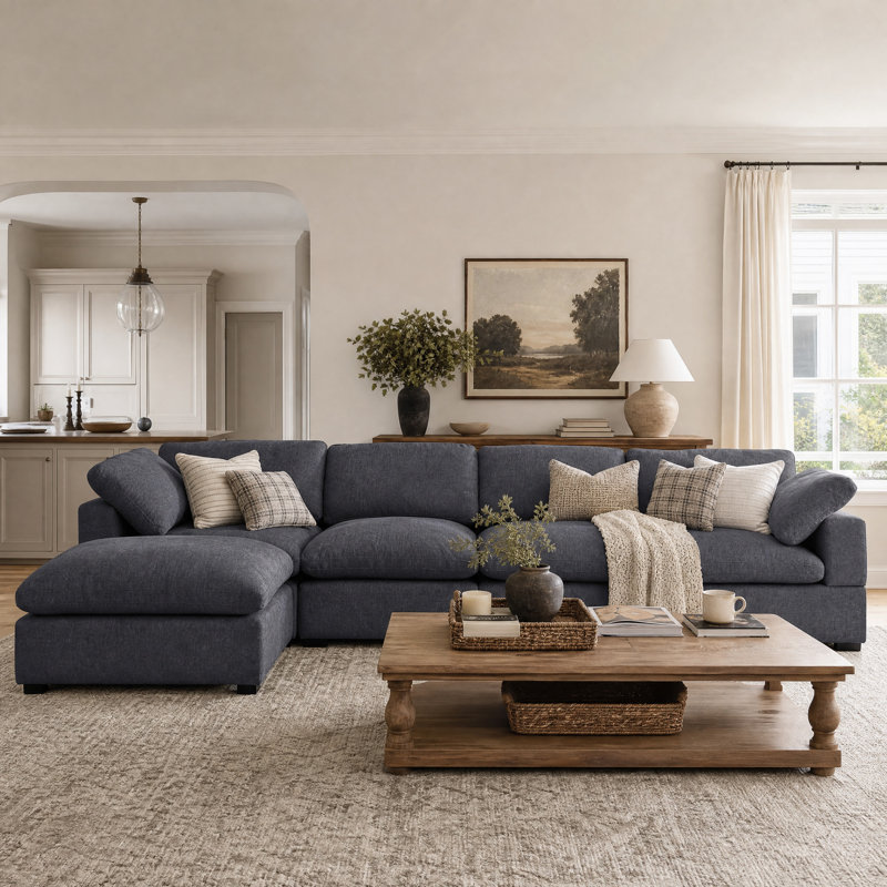 Amiyiah 142 Inch Upholstered L-shaped Soft Cloud Couch Sectional With Ottoman, Dark Gray Polyester, Dark Gray Polyester