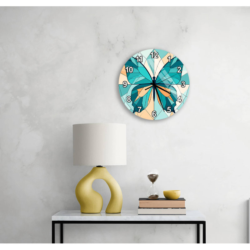 Horloge murale en verre trempé avec motif papillon coloré - art mosaïque turquoise sarcelle - élégant cadeau de montre à chiffres romains
