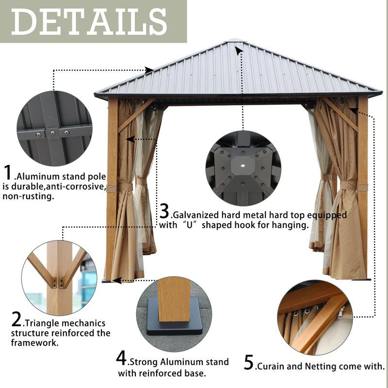 10 pi. L 10 pi. D Pavillon de jardin en aluminium avec toit rigide