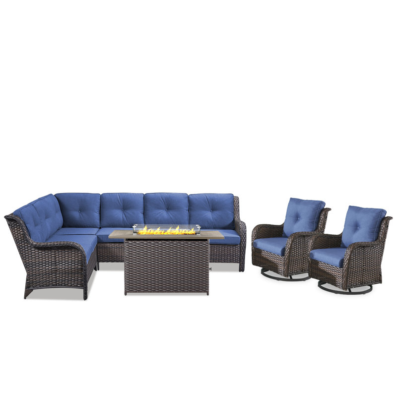 Ensemble de conversation pour patio 7 personnes avec foyer avec coussins Carolina Wicker, Bleu, Brun