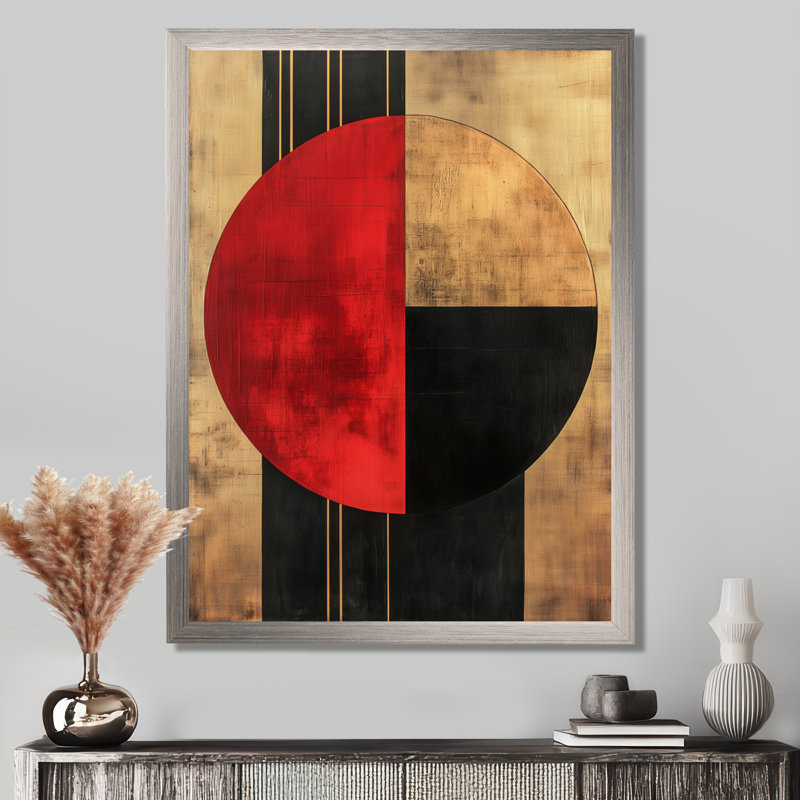 Cercle rouge dans la troisième révolution - Tableau géométrique encadré du Bauhaus, 32" H x 24" W, Silver Picture Framed
