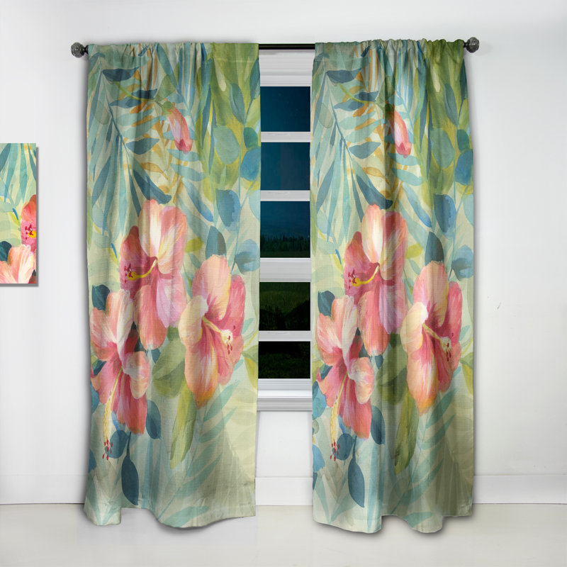 Floral Curtain Panel, Hibiscus Garden Pattern Blackout Decor - Hibiscus Garden III, 52" W x 84" L