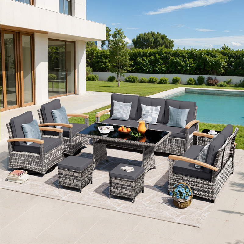 Meissalivve 8 Pieces Patio Furniture Sets, Pe Wicker Outdoor Conversation Sets With 2 Wood Armrests Swivel Rocker Chairs, 2 Ottomans, 2 Sofa And Dining Table (Grey)