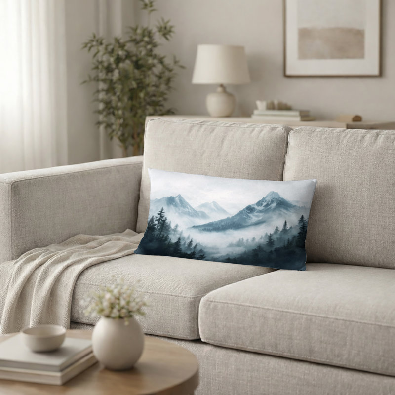 Coussin Misty Mountain Morning II - imprimé montagnes, H 12 po x l 20 po
