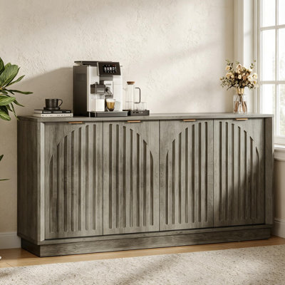 56.42" Wide Fluted Arch Door Buffet Cabinet with 3-Level Adjustable Shelves, Metal Handles, Sturdy Base – Modern Sideboard for Kitchen, Dining Room, Living Room Storage, Grey