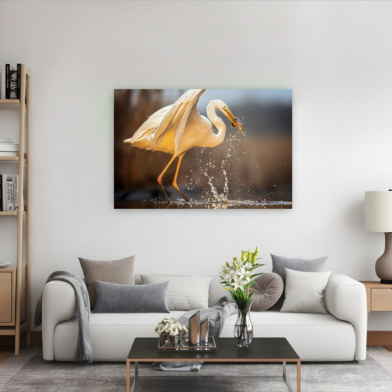 Egret Catches Fish Serene Contemporary Bird Fish Nature Wildlife Wall Art Print 1 Piece Wrapped Canvas Wall Art