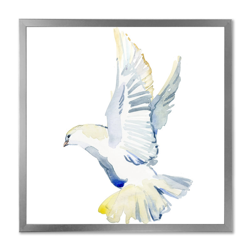 Colombe blanche en vol, Impression argent sur toile encadrée, H 30 po x l 30 po x P 1 po