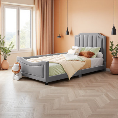 Twin Size Upholstered Daybed With Classic Stripe Shaped Headboard