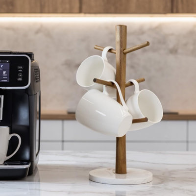 Wood Mug Holder, Marble Base Cup Rack Tree, Mug Stand Hanger, Kitchen Coffee Tree Countertop Tea Holder Stand, Coffee Cup Dryer With 6 Hooks (Round Base White)
