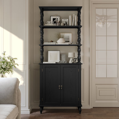 72" Vintage Tall Bookcase with Natural Wood Veneer, Freestanding Storage Cabinet with Solid Wood Legs & Open Shelves