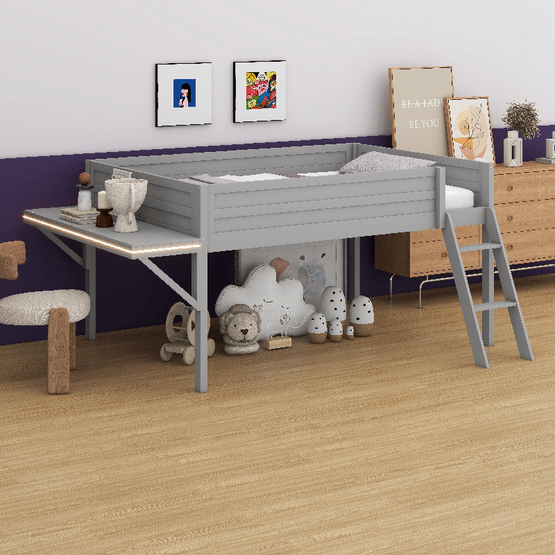 Lit double avec bureau et lumières DEL, lit mezzanine bas avec barrière de sécurité et échelle, lit mezzanine en bois pour petit espace traditionnel, aucun sommier nécessaire