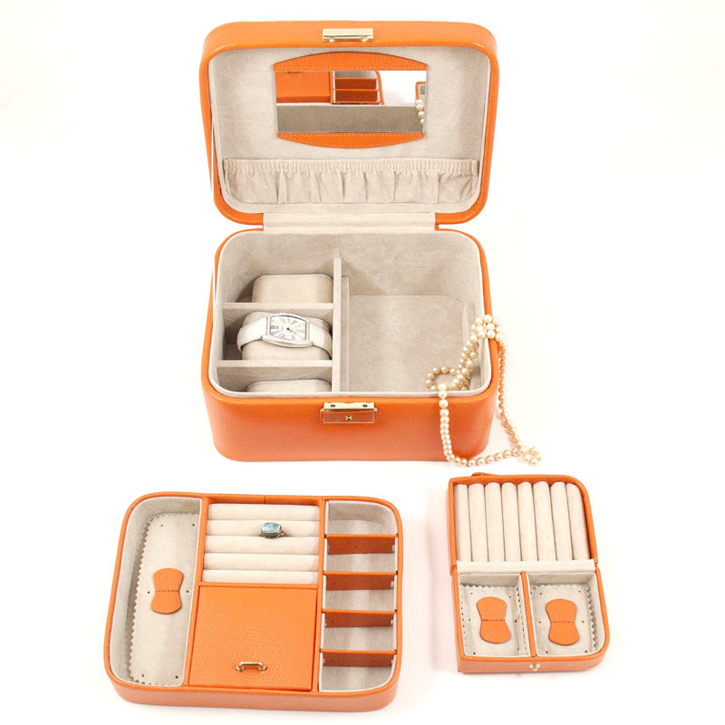 Leather Jewelry Box + Mirror, Orange Leather