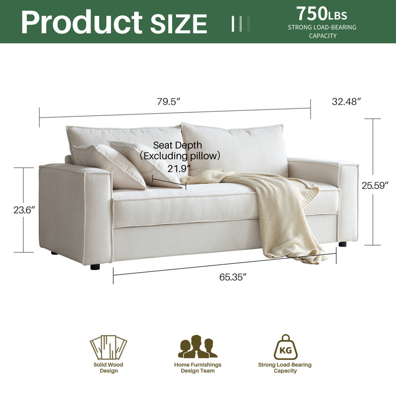 Alcantara 3-Seater 79.5'' Modern Upholstered Sofa with Square Armrests and 2 Throw Pillows, Cream
