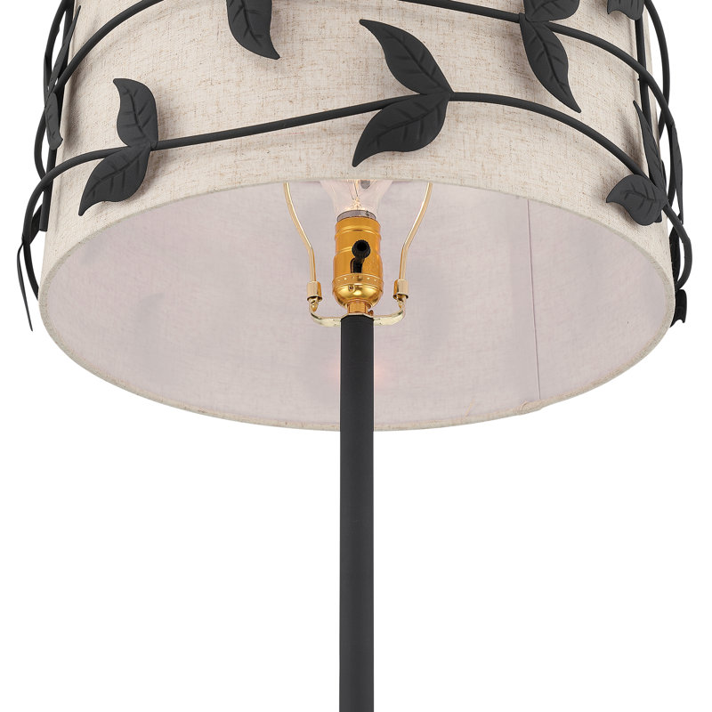 Lampe sur pied moderne 61,55 po avec abat-jour en tissu à motif de feuilles, Noir
