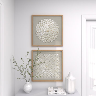 2 Piece Cream Shell Handmade Overlapping Shells Geometric Shadow Box with Canvas Backing Set