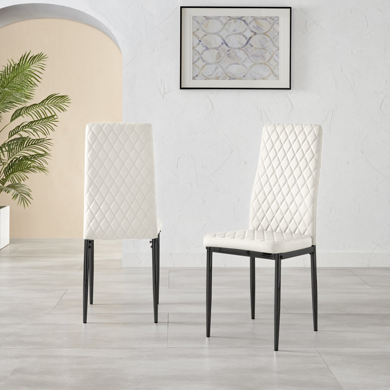 Eubanks Faux Leather Modern Tall Back Dining Chairs with Metal Legs & Diamond Stitching, White, Black, 4