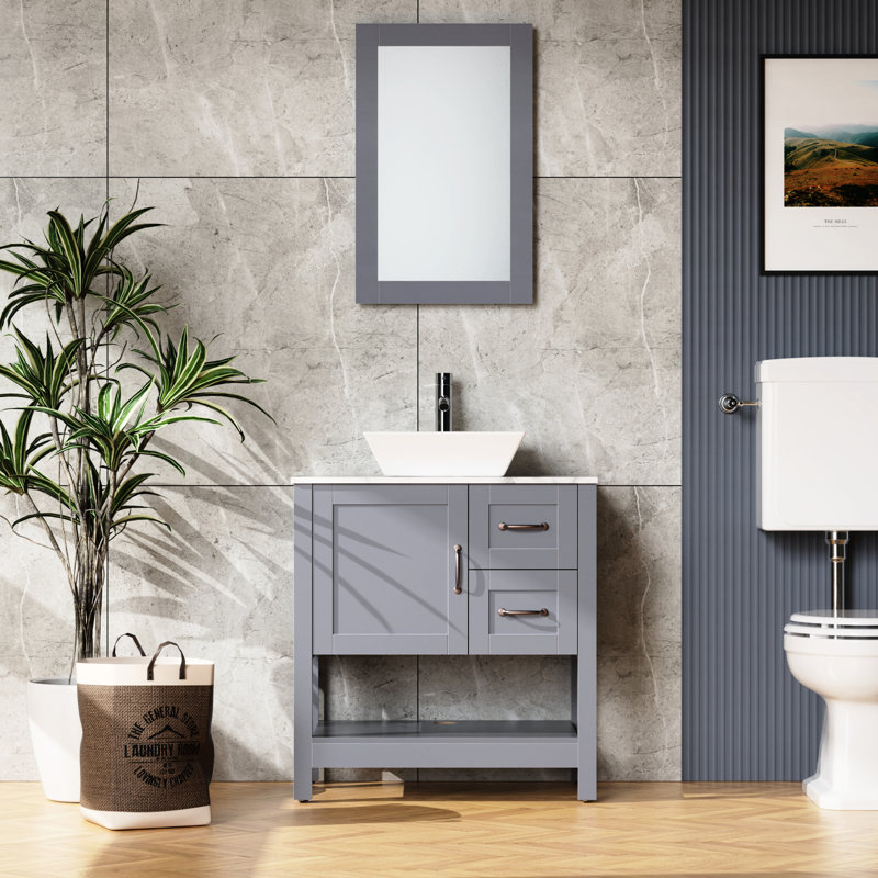Meuble-lavabo de salle de bain 30 po avec poignée en bronze chic et plateau à motif marbré