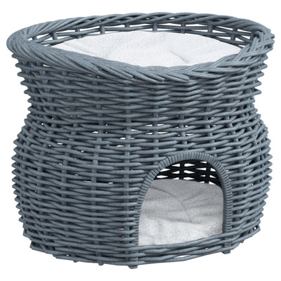2Tier Wicker Cat House Elevated Pet Bed Basket 56x37x40cm Grey