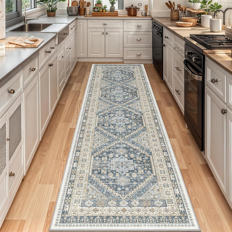 Medallion Non Slip Washable Area Rug(Blue), Runner 2'6" x 10'