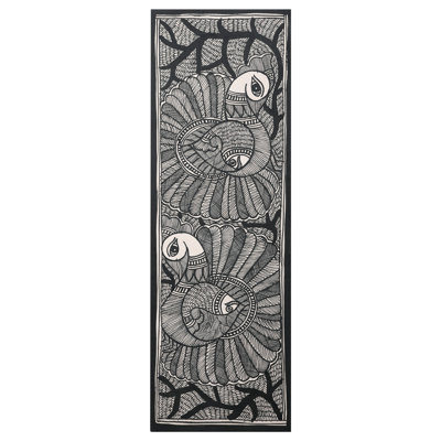 Paire de paon et de poisson | Madhubani, art sur papier fait à la main