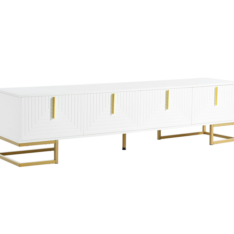 Console 80 po avec armoires et tablettes réglables à motifs géométriques, pieds en métal blanc