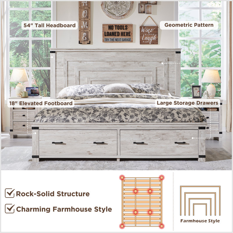 Hallerson Farmhouse Platform Bed Frame With 54"W Tall Geometric Headboard & Large Storage Space, King