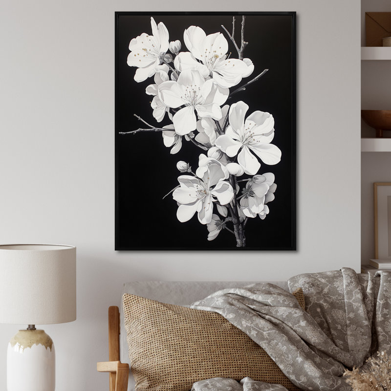 «Daryla Apple Blossom Elegance monochromatique XXVI» sur toile, H 32 po x l 16 po, Cadre flottant noir