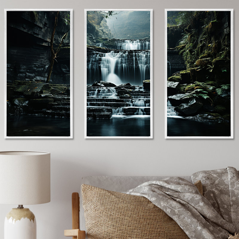 «Waterfall Cliff Scenery - Waterfall», ensemble d'art mural sur toile, H 28 po x l 36 po x P 1 po, Cadre flottant blanc