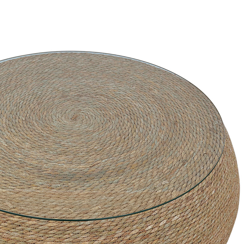  Table basse ronde à tambour, algue naturelle tissée à la main avec plateau en verre, pieds en bois