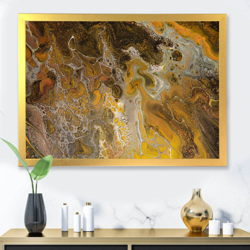Marbre brun et jaune - art moderne sur toile, H 16 po x l 32 po x P 1 po, Toile encadrée dorée