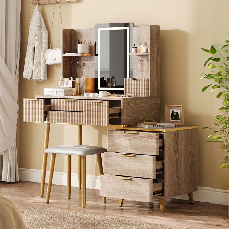 Vanity Desk With LED Mirror & Carved Details, Fluted Makeup Table With Metal Legs And PU Stool, Carved Dressing Table With Jewelry Storage For Bedroom