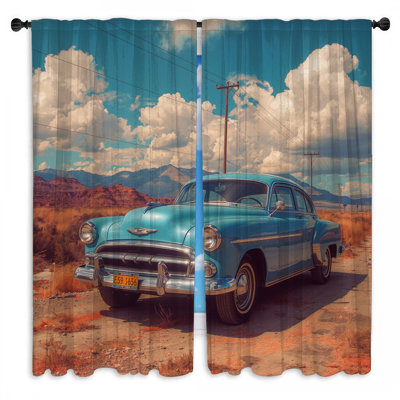 Vintage Blue Car Desert Window Curtains Automobile Sheer & Room Darkening - 2 Panels