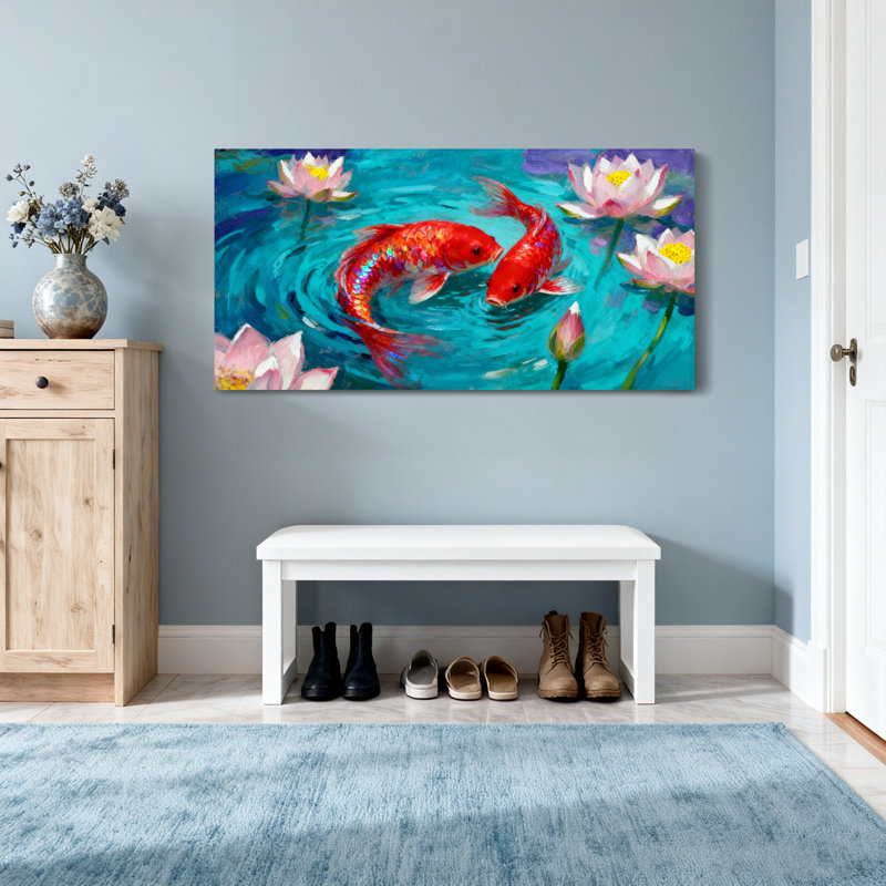 «Animals Koi Fish Lotus Flowers Water», reproduction d'art sur toile, H 20 po x l 40 po
