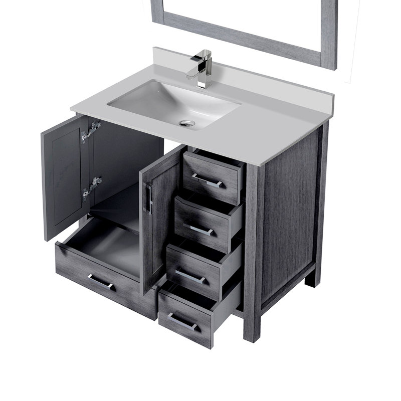 Meuble-lavabo 36 po X P 22 po D, dessus en quartz blanc décalé à gauche, ensemble de robinet et Miroirs, Gris patiné