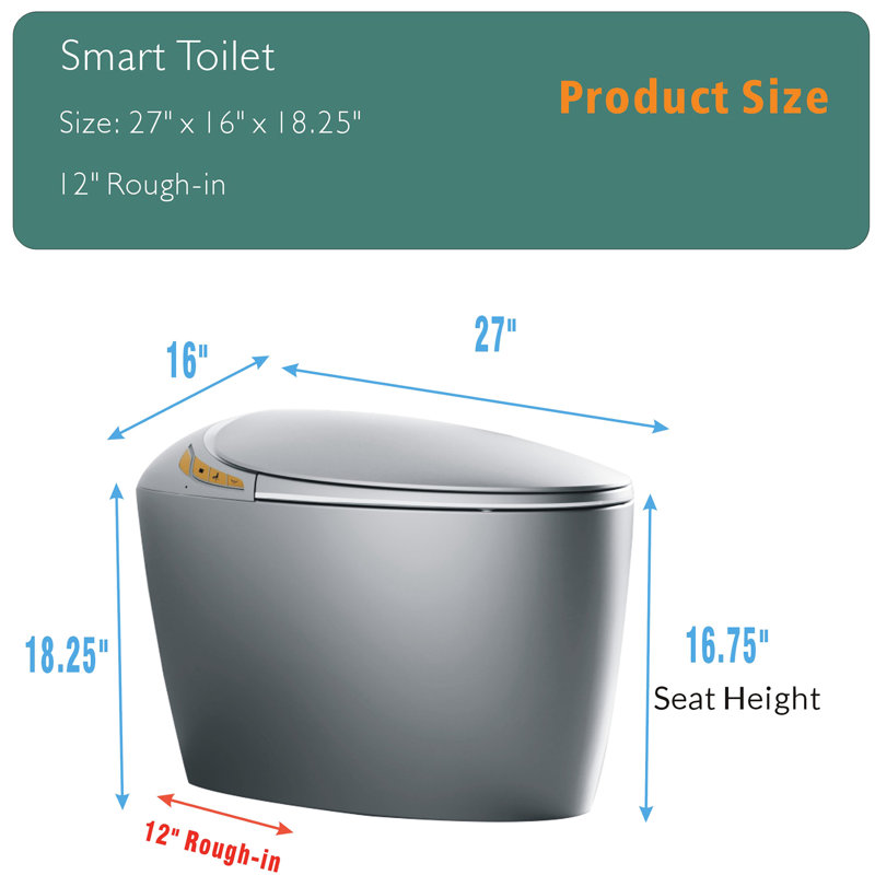 Smart Toilet With User- Features, Auto Open/Close Seat, Foot Sensor, Grey Bathroom Advanced Toilet, Sleek Style, Gray
